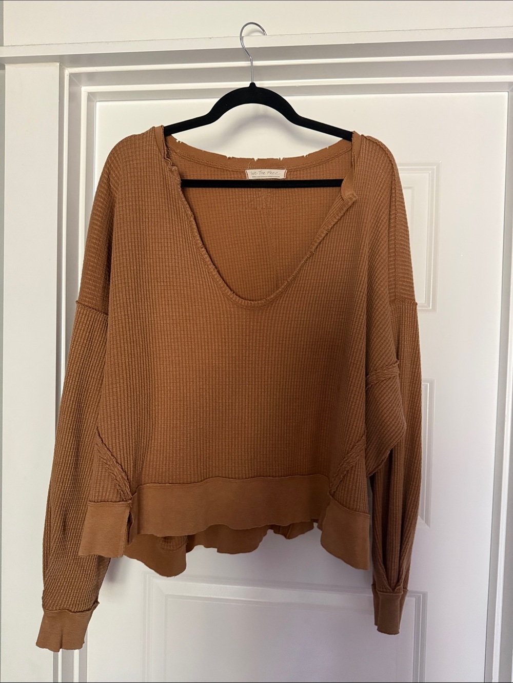 We The Free Waffle-Knit V-Neck Sweater in Camel Brown